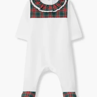 Babygrow Veludo Gola Folho com Xadrez para Bebé - Branco