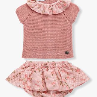Conjunto com Gola Bebé Menina Vichy Floral 2pc - Salmão