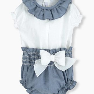 Conjunto em Algodão e Linho com Gola Bebé Menina - Azul