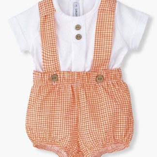 Conjunto em Algodão para Bebé Vichy 2pc - Laranja e Branco