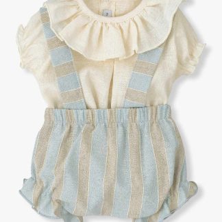 Conjunto Algodão e Linho Bebé Menina Riscas 2pc - Azul e Bege