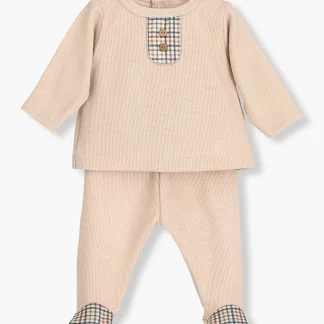 Conjunto Algodão Cardado Xadrez para Bebé Menino 2pc - Bege