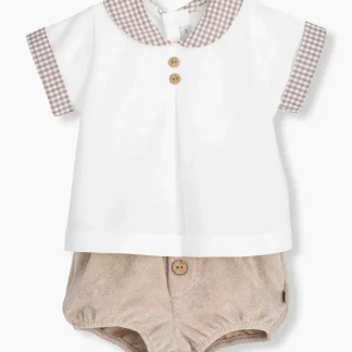 Conjunto em Algodão Vichy Bebé Menino 2pc - Bege e Branco
