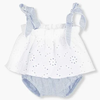 Conjunto em Algodão Bordado Inglês Bebé Menina 2pc - Branco e Azul
