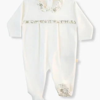 Babygrow em Veludo Gola Floral Bebé Menina - Pérola