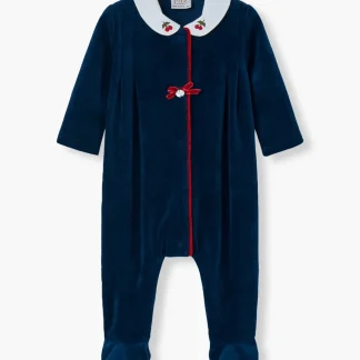 Babygrow em Veludo Gola Bordado Cerejas Bebé - Azul Marinho