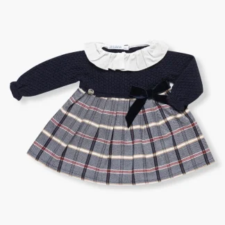 Vestido Malha e Algodão Gola Folho Xadrez Bebé Menina - Azul
