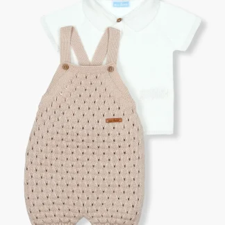 Macacão c/ Camisola Malha Bebé Menino 2pc - Bege e Branco