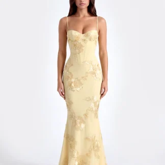 Vestido largo con corsé floral bordado