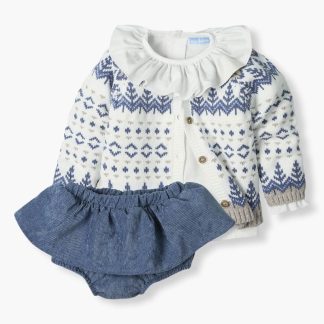 Conjunto Malha e Algodão para Bebé Menina 3pc - Bege e Azul