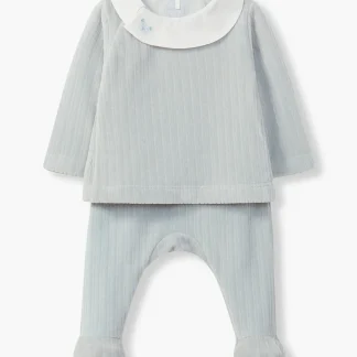 Conjunto Veludo com Gola Urso para Bebé Menino 2pc - Azul