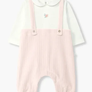 Babygrow Algodão Cardado e Veludo Flor Bebé Menina - Rosa