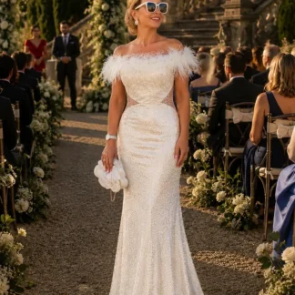VESTIDO BRANCO COM PLUMAS
