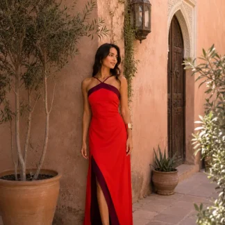 Vestido largo halter con abertura