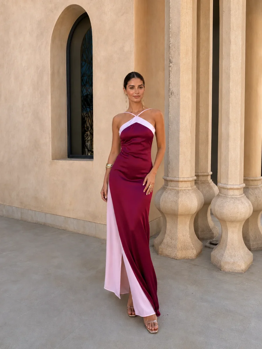 Vestido largo satinado con escote cruzado - Image 2