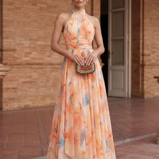 Vestido de Cuello Halter con Estampado de Acuarela