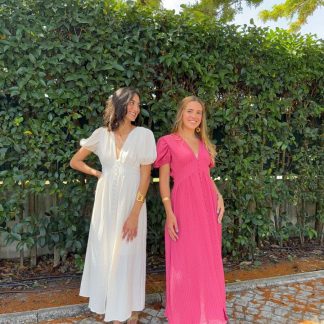 Vestido com Decote em V e Manga Balão