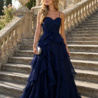 VESTIDO AZUL MARINHO FOLHOS