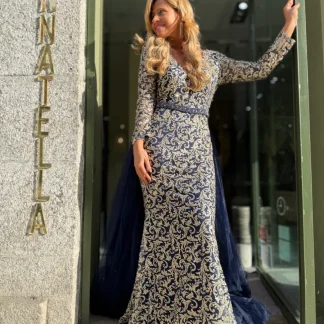 VESTIDO AZUL BORDADO DOURADO