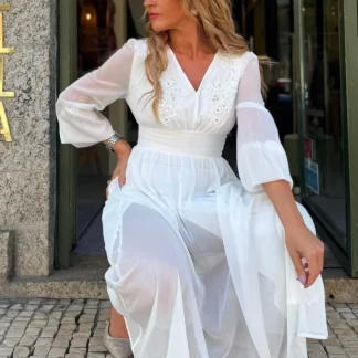 VESTIDO MIDI BRANCO EM CHIFFON